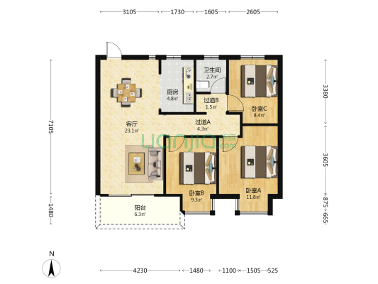中铁彩乐居 3室1厅1卫 98平方