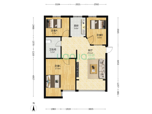 明丽金楼 3室1厅1卫 104平方