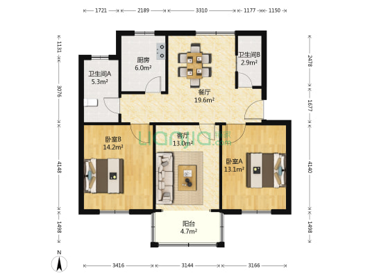 畅苑新村三区 2室2厅2卫 95平方
