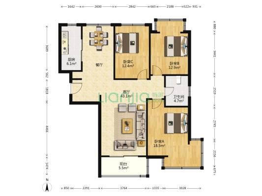康悦亚洲花园 3室1厅1卫 125平方