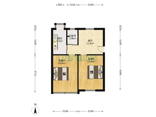 马向路 2室1厅1卫 61平方