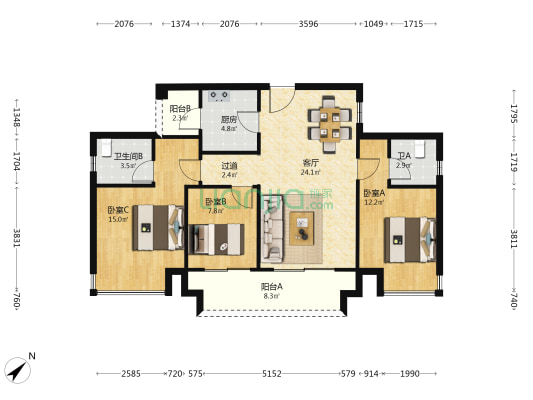 龙兴国际生态新城天璞 3室1厅2卫 98平方