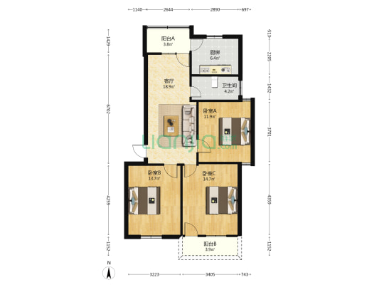 迎晖园 3室1厅1卫 94平方