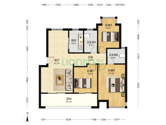 新旅明樾府南苑 3室1厅2卫 107平方