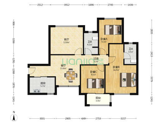 红星国际公馆 3室2厅2卫 116平方