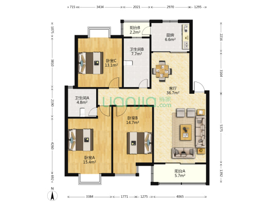 滨江花园 3室1厅2卫 133平方