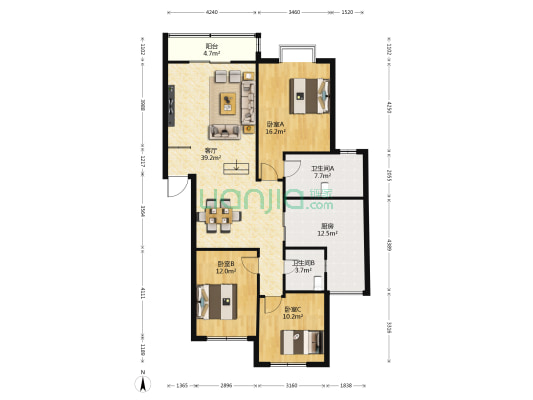 锦绣家园 3室1厅2卫 124平方