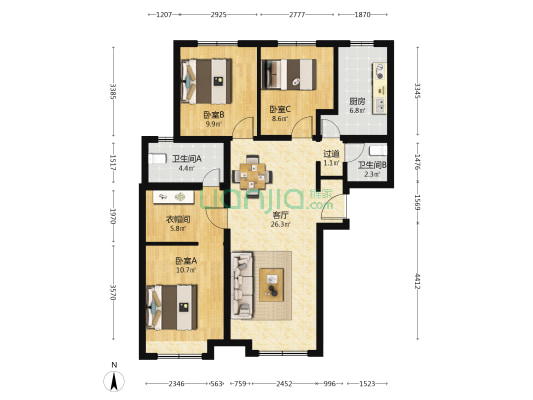 信达国子郡 3室1厅2卫 115平方