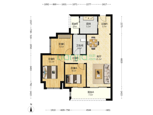招商渝天府林屿 3室1厅1卫 85平方