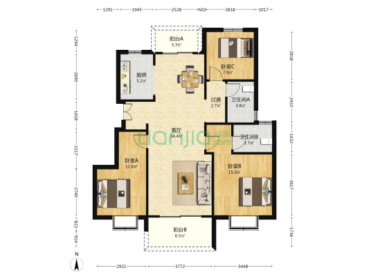 海伦堡璟熙府 3室1厅2卫 115平方