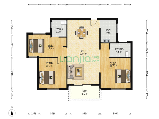 品文府 3室1厅2卫 121平方