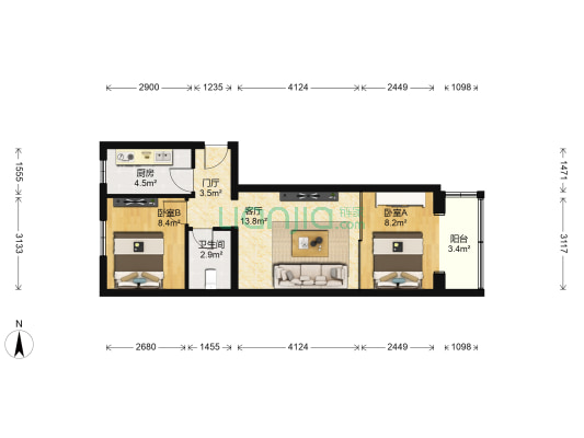 富乐社区一号院 2室1厅1卫 60平方