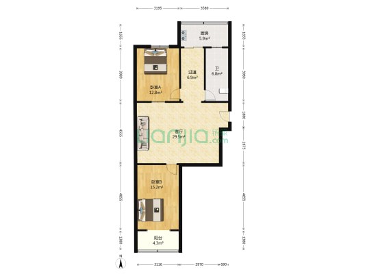 兑销宿舍 2室1厅1卫 92平方