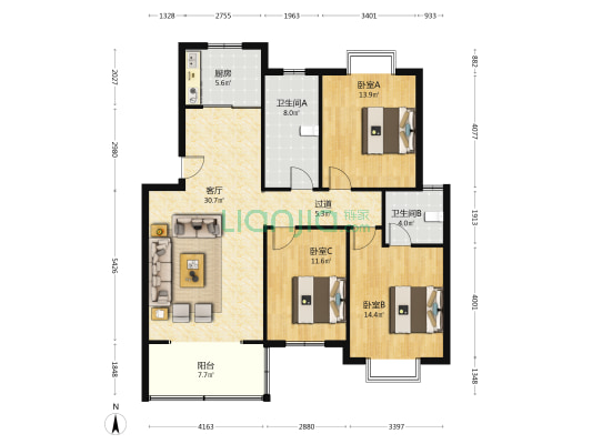 迎湖茗苑 3室1厅2卫 121平方