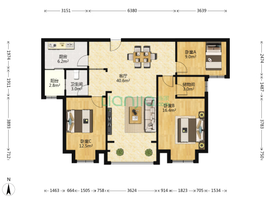 青扬邻里 3室1厅1卫 115平方