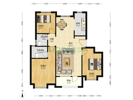 红星天悦 3室1厅2卫 113平方