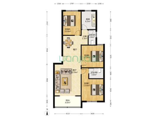 兴安苑 3室1厅2卫 106平方