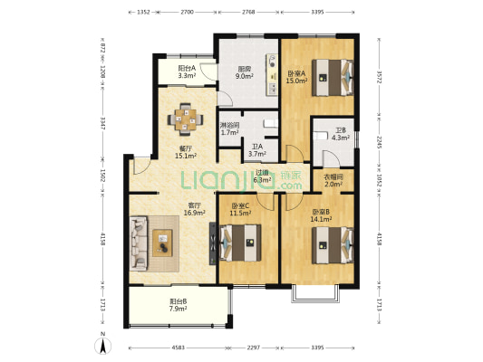 紫薇田园都市C区 3室2厅3卫 135平方