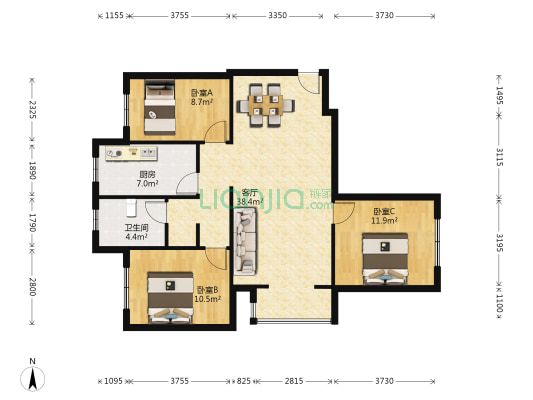 自在城 3室1厅1卫 116平方