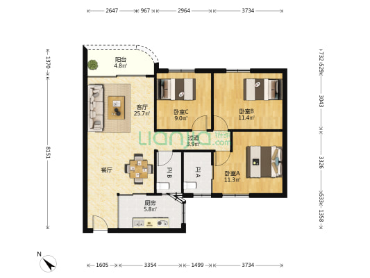珠江中星广场 3室1厅2卫 99平方