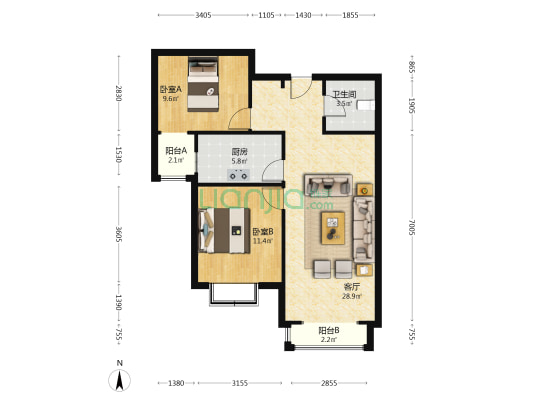 香邑溪谷 2室1厅 南-户型图