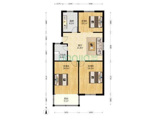 朝阳西路102号 3室1厅1卫 91平方