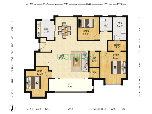 阳光城君望府 3室1厅2卫 127平方