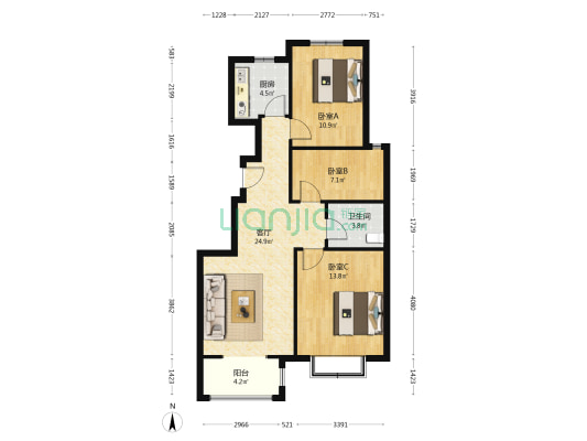 高铁区域天地新城精装修三居室家具家电齐全拎包入住-户型图