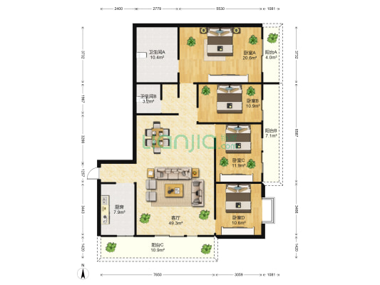 汇都首誉 4室1厅2卫 182平方