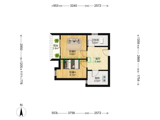东城攻略 2室1厅1卫 46平方