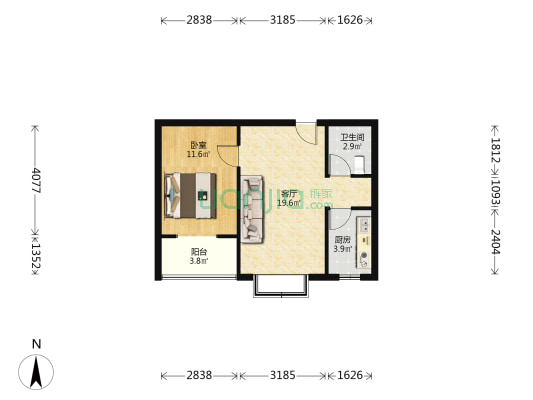 正规朝南一居，户型方正，范阳主路北侧-户型图