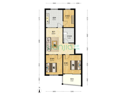 梨花苑公寓 3室1厅1卫 86平方