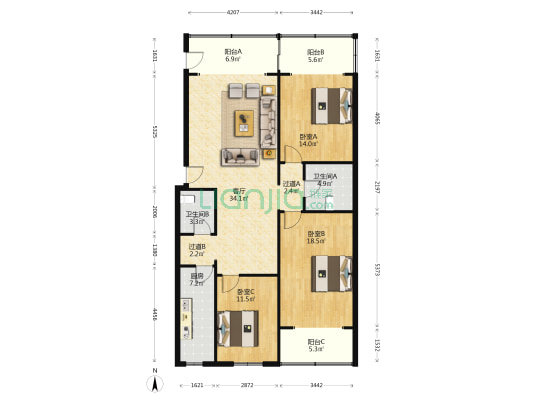 西青路57号 3室1厅2卫 127平方