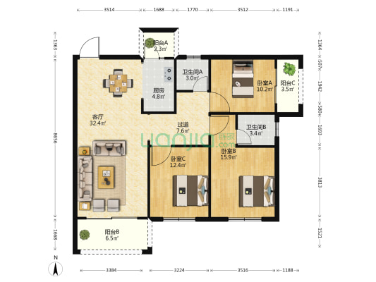裕泰小区 3室1厅2卫 124平方