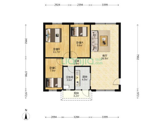 聚富楼 3室1厅1卫 107平方