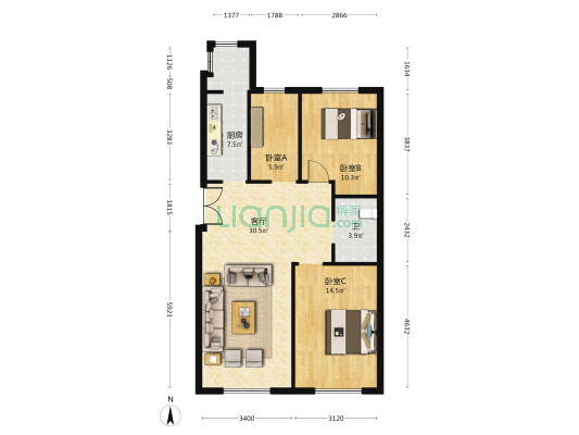 华鸿金色纽约 3室1厅1卫 112平方