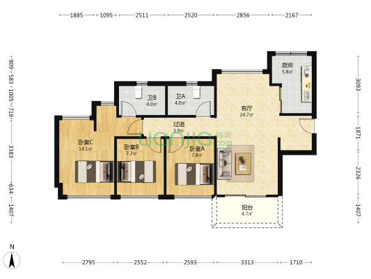 美的卓越好时光 3室1厅2卫 89平方