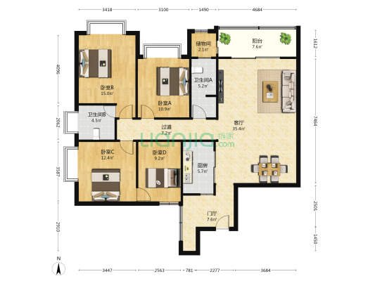 自治区总工会宿舍区 4室1厅2卫 147平方