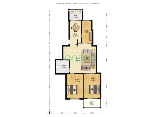 华湖花园 3室2厅1卫 95平方