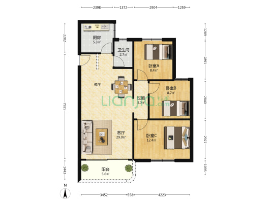 翔峰苑 3室1厅1卫 91平方