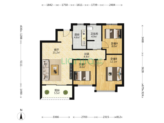 龙湖煌盛春江天玺 3室1厅1卫 90平方