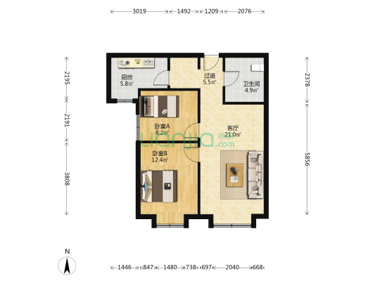 东鼎心屿湖 2室1厅1卫 83平方