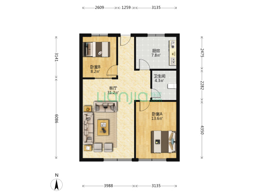 金瓶花园 2室1厅1卫 80平方