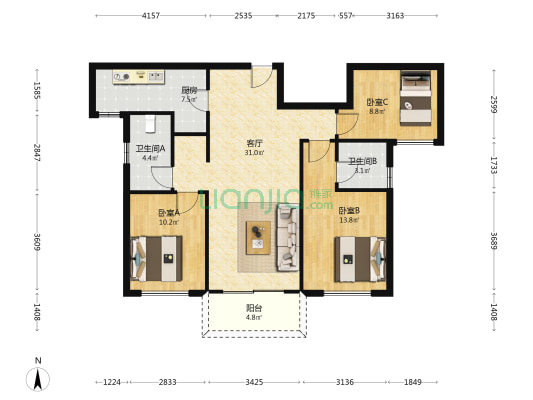 绿地长沙城际空间站 3室1厅2卫 120平方