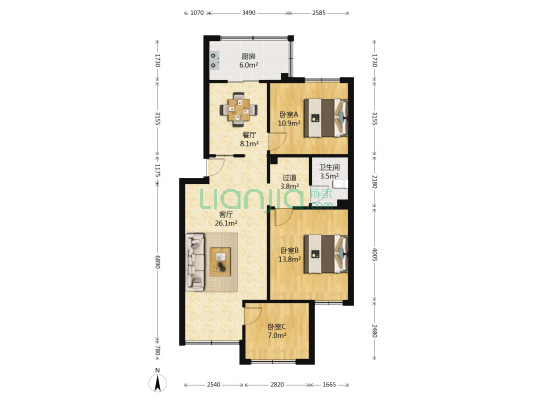 船房小区清泉大院 3室2厅1卫 96平方