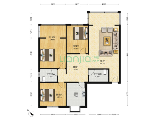四联公寓 3室2厅2卫 125平方