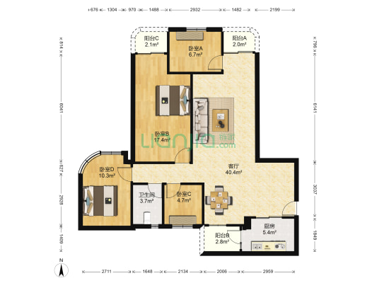 鸿隆世纪广场 4室1厅1卫 130平方