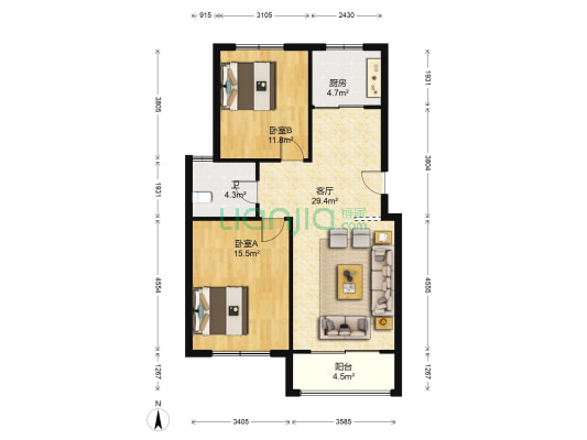 百隆商业广场 2室1厅1卫 94平方