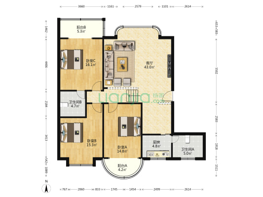 雅馨园 3室1厅2卫 136平方