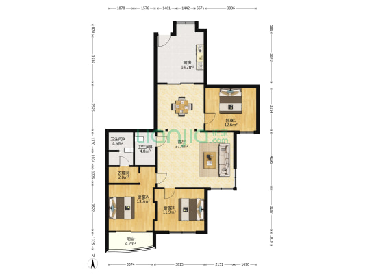 金开利花园 3室1厅2卫 142平方